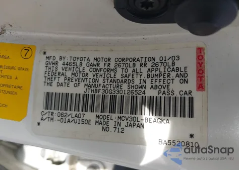 2003 Lexus Es 300 from USA, damaged, VIN JTHBF30G330126524